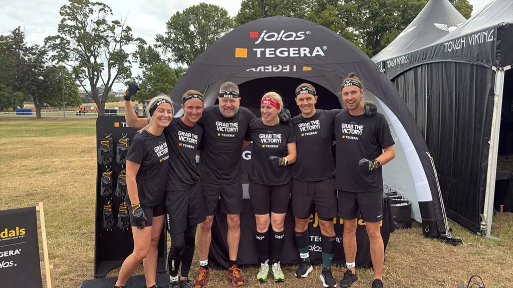 Kajsa Askenryd with Erik Sandström Wallinder and the Swedol team wearing TEGERA gloves before Tough Viking at Djurgården in Stockholm.