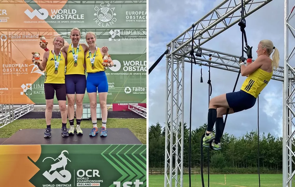 Kajsa Askenryd with her gold-medal relay team and competing on an obstacle at the 2026 OCR World Championships in Limerick.